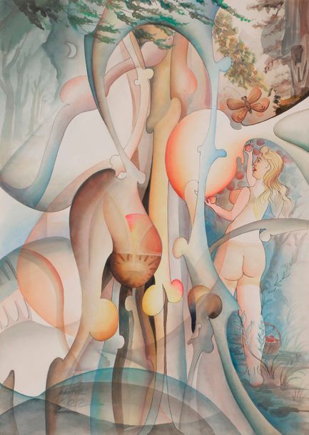 *João Paulo dit LOURENCINHO (XXe siècle)
Eve au jardin d’Eden
Encre et aquarelle.
Signée en bas à gauche.
Porte le timbre sec de l’atelier.
70 x 50 cm