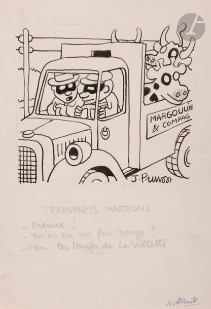 Jacques PRUVOST (1901-1984)
Economie ! Economie ! - Transports marrons - On dit ça…
3 dessins à l’encre.
2 Signés.
Légendés en pied.
21 x 14,5 cm chaque