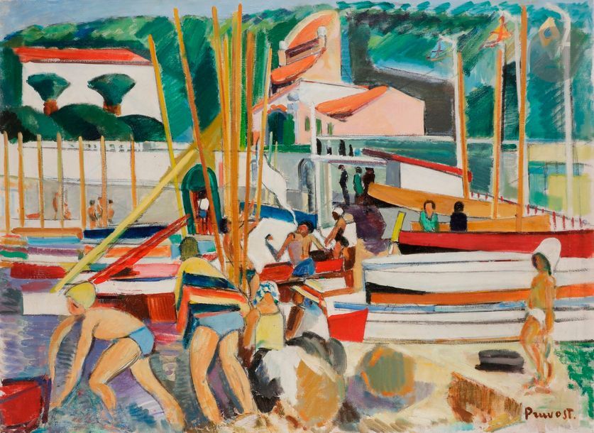 Pierre PRUVOST (1921-2008)
Antibes, le club nautique de la Salis, 1955
Huile sur toile.
Signée en bas à droite.
73 x 100 cm
