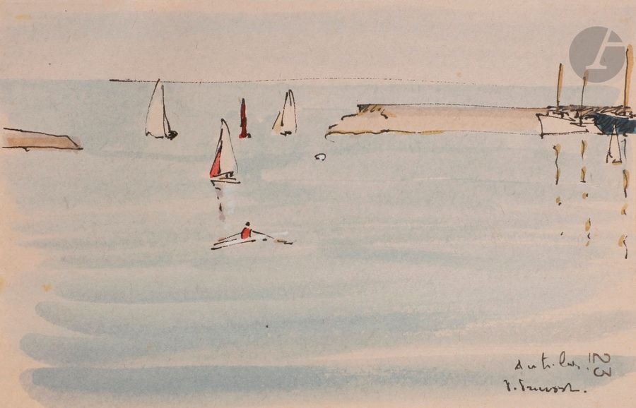 Pierre PRUVOST (1921-2008)
Antibes, l’entrée du port, 1967
Encre et aquarelle.
Signée et située en bas à droite.
13,5 x 21 cm