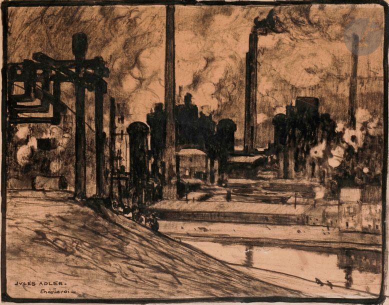 Jules ADLER (1865-1952)
Charleroi, paysage industriel
Encre et fusain.
Signée et située en bas à gauche.
29 x 35 cm