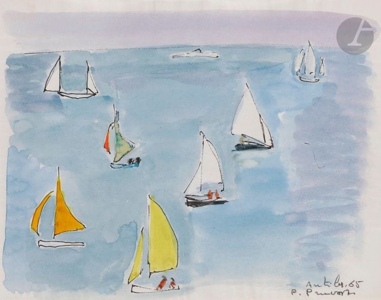 Pierre PRUVOST (1921-2008)
Antibes, les voiliers, 1965
Aquarelle et encre.
Signée, datée et située en bas à droite.
13,5 x 17 cm