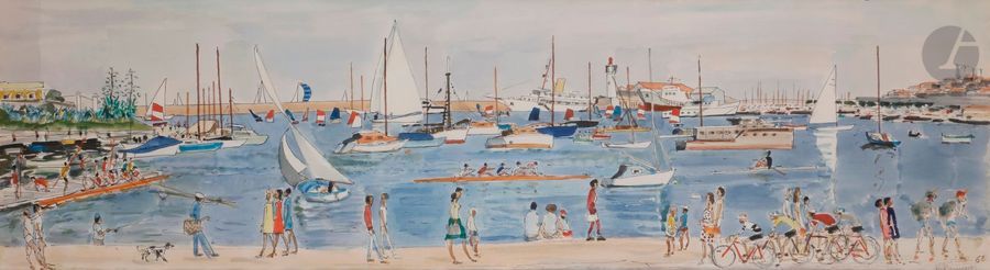 Pierre PRUVOST (1921-2008)
Antibes, port animé, 1968
Encre et aquarelle.
Signée, datée et située en bas à droite.
29 x 103 cm