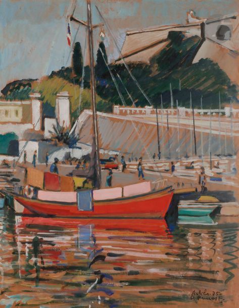 Pierre PRUVOST (1921-2008)
Antibes, le port et les remparts, 1975
Gouache.
Signée, datée et située en bas à droite.
71 x 55 cm