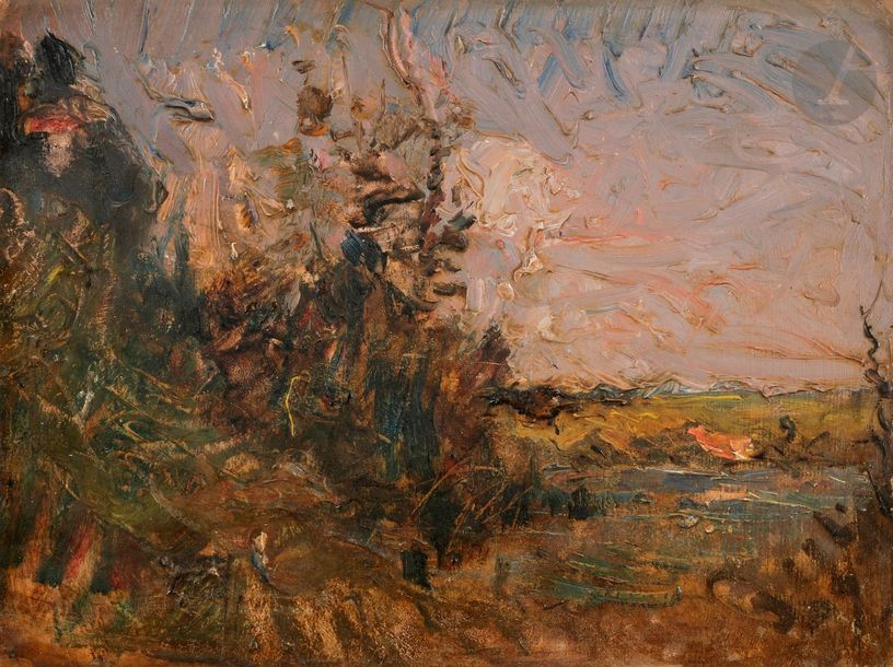 François-Auguste RAVIER (1814-1895)
Paysage, 1879
Huile sur papier contrecollé sur panneau.
Signée et datée à la pointe en bas à gauche.
Annotée au dos.
(Usures et salissures).
18,5 x 24 cm