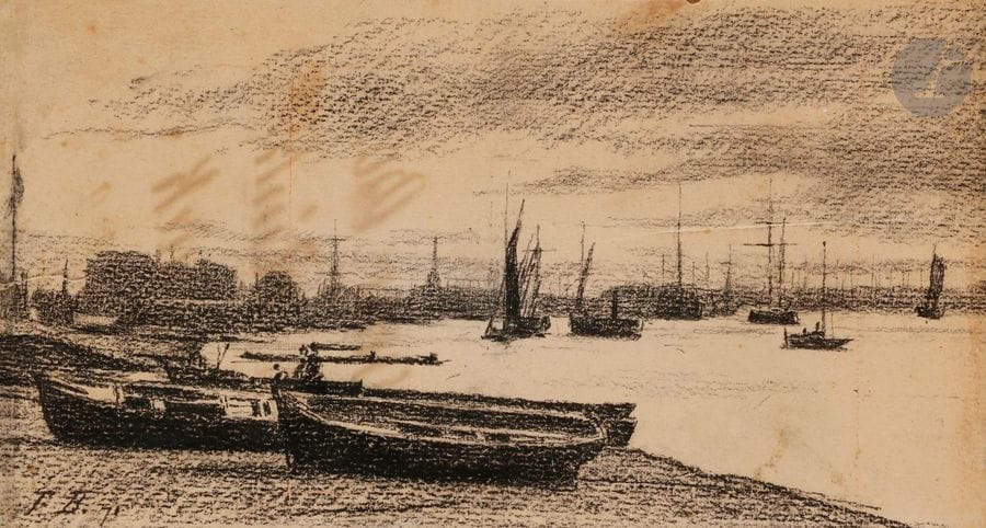 François BONVIN (1817-1887)
Marine, 1871
Pierre noire sur papier beige.
Monogrammée et datée en bas à gauche.
(Petite déchirure sur le bord gauche, encre brune transparaissant, diverses annotations au verso, petites taches). 
11.7 x 21.8 cm