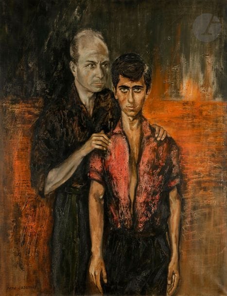 René CAZASSUS (né en 1932)
Jeune homme et son père ou Paul et Jacques Guyonnet, 1960
Huile sur toile.
Signée en bas à gauche.
116 x 89 cm