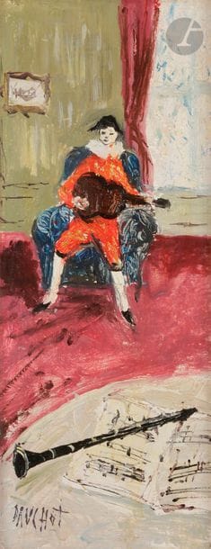 Gabriel DAUCHOT (1927-2005)
Arlequin musicien
Huile sur toile.
Signée en bas à gauche.
46 x 19 cm