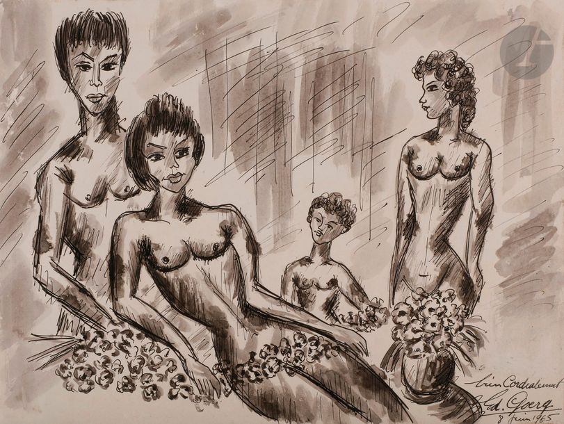 édouard GOERG (1893-1969)
Femmes nues à la guirlande de fleurs, 1965
Encre et lavis d’encre.
Signée et datée en bas à droite.
29 x 39 cm