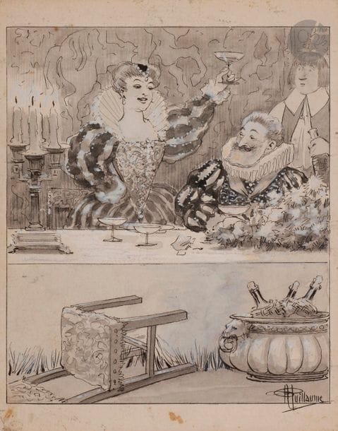 Albert Paul GUILLAUME (1873-1942)
Marie de Médicis et Henri IV au banquet
Encre, lavis d’encre et rehauts de gouache blanche.
Signée en bas à droite.
(Petites rousseurs).
16,5 x 13 cm
