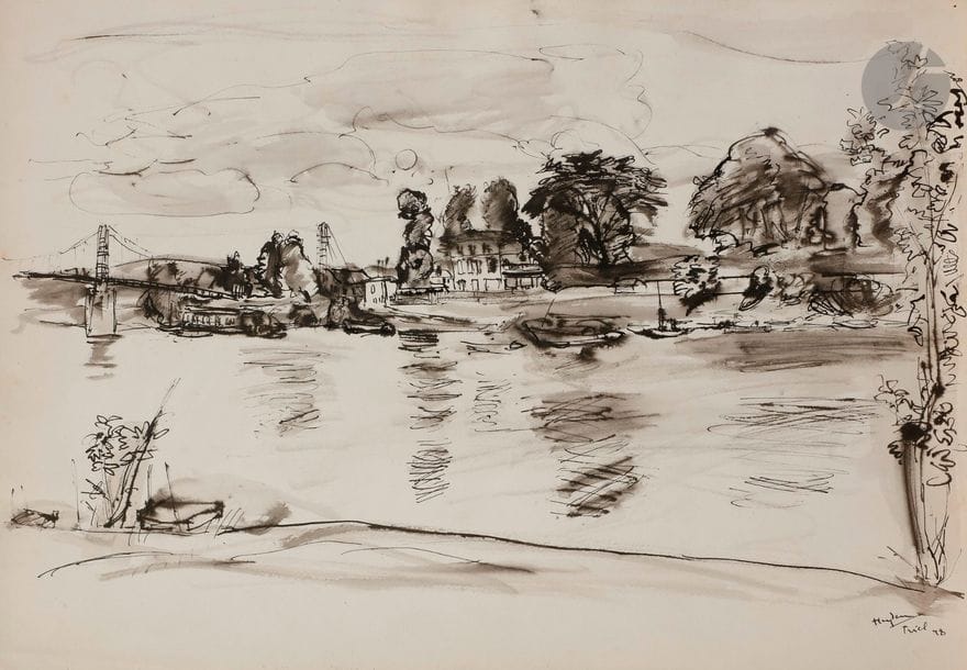Henri HAYDEN [franco-polonais] (1883-1970)
Triel, 1948
Encre et lavis d’encre.
Signée, datée et située en bas à droite.
37.5 x 54 cm