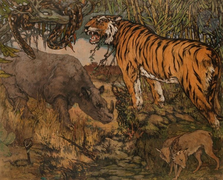 Édouard Louis HENRY-BAUDOT (1871-1953)
Les Animaux sauvages
Gouache.
Signée en bas à droite.
(Déchirures et plis)
72 x 89 cm