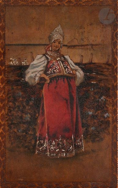 Vladimir Ivanovitch SOKOLOV (1872-1946)
Serguiev POSSAD. 
Boîte en bois à décor pyrogravé polychrome. Le couvercle décoré d’une copie du tableau de Constantin Egorovitch Makovsky « À la bordure du village » (actuellement à la Galerie Trétiakov). Aux angles des oiseaux de feu.
Vers 1900.
40 x 25 x 5,5 cm ; avec sa clé

???????? ???????? ??????? (1872 - 1946) [??????????]
??????? ?????,
??????? ?????????? ????????, ?????????? ? ??????? ??????? ?? ?????????. ?? ?????? ????? ????????? ??????? ?. ?. ??????????  «? ???????»  (???). ?? ????? ????? ???-????? ( ??? ?????? ??????? ?).
(40 ? 25 ? 5,5 ??) ; ?? ????? ??????.

A pyrography carved wooden box by Vladimir Ivanovitch Sokolov, Sergiyev Posad, c. 1900

