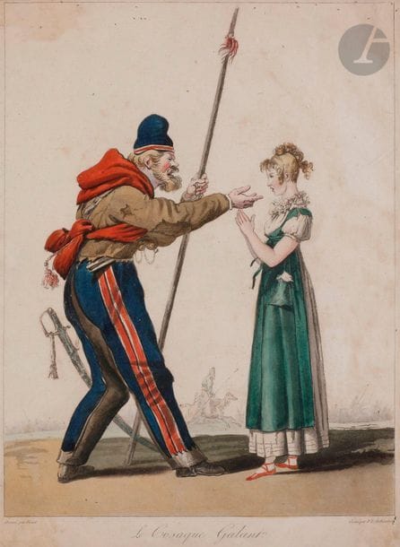 Carle VERNET (1758-1836) [dessiné par]
Philibert-Louis DEBUCOURT (1755-1832) [gravé par]
Le Cosaque Galant
Aquatinte rehaussée à l’aquarelle.
Éditée par Charles Bance, à Paris. S. d. [1815].
34,5 x 26 cm à vue ; sous verre.

???? ????? (1758 - 1836) [???????]
???????-??? ??????? (1755 - 1832) [??????????]
????????? ?????
??????, ?????????, ????????.
?????, ??????? ????? ?????, ??? ???? [1815].
34,5 ? 26 ??; ??? ???????.
?? ????????? ????????, ???????????? ? ??????



