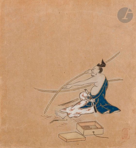 JAPON - XIXe siècle
Artisan travaillant les lames. 
Encre et couleurs sur papier.
Dim. à vue : 19,6 x 18,3 cm
Encadrée sous verre.