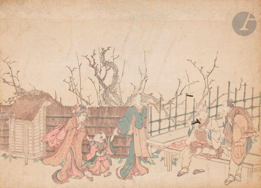 Oban yoko-e
Deux femmes et un enfant rejoignant des hommes sur une terrasse. (Trous, pliures, insolée). 
35,5 x 26 cm
On y joint deux koban, shunga et deux femmes dictant une lettre. 10,5 x 14,7 cm