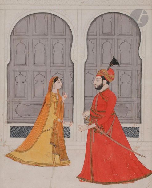 Un raja face à une femme à l’intérieur d’un palais, Inde du Haut Pendjab, XIXe siècle 
Gouache sur papier. La jeune femme vêtue d’une robe jaune est face à un raja à robe rouge un sabre glissé à la ceinture. Ils se tiennent devant un mur de niches. Cadre doré.
Dim. page à vue : 16 x 13 cm
État : déchirure restaurée, manques.

A raja and a woman in a palace, India, High Penjab, 19th century
