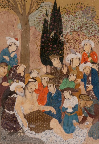 Groupe d’hommes portant assistance à un homme évanoui, Iran, style safavide, XIXe siècle
Assemblée d’hommes entourant un homme de grande taille, la poitrine dénudée, semblant évanoui et soutenu par un homme âgé. Gouache remontée sur page cartonnée à marges enluminées d’animaux et rinceaux dorés à encadrement bleu.
Dim. page : 21,5 x 15 cm
État : contrecollé sur carton, manques, craquelures.

A group of men encircling a tall man, Iran, Safavid style, 19th century