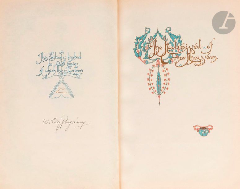 The Rubaiyat of Omar Khayyam, Vincent J. Brooks, Day and Son pour George G. Harrap, Londres, 1909.
édition Deluxe limitée, copie N° 20 / 25. 24 illustrations couleur imprimées de l’artiste hongrois William Andrew Pogány (1882-1955), dont la signature « Willy » Pogány apparaît sur la page de titre suivant une double page de frontispice lithographié en couleurs. Lignes introductives d’hommage à Edward Fitzgerald par Lowell et dédicace de Pogány à Julius Germanus imprimée au verso du titre. Reliure d’éditeur en vélin blanc à décors dorés sur le dos et les plats.