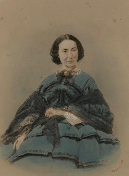 Gustave Le Gray (1820-1884)
Portrait de femme, 14 avril 1860. 
Épreuve sur papier albuminé rehaussée à l'aquarelle et pastel dans son montage d'époque. Timbre sec "Gustave Le Gray" à l’encre rouge sur l’épreuve en bas à droite. Crédit du photographe et date manucrite de la main de Gustave Le Gray sur étiquette contrecollée au verso du montage. 
25 x 18,5 cm (à vue) - cadre

Gustave Le Gray (1820-1884)
Portrait of a woman, April 14th, 1860.
Albumen print, enhanced with watercolor and pastel in its original mount. Gustave Le Gray's red blind stamp at the bottom right. Photographer's credit and date on label on verso. 
25 x 18.5 cm