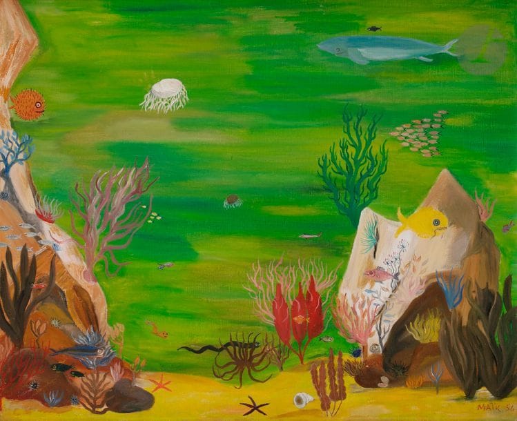 Henri Hecht MAÏK (1922-1993)
Paysage sous-marin, 1956
Huile sur toile.
Signée et datée en bas à droite.
Signée au dos.
54 x 65 cm