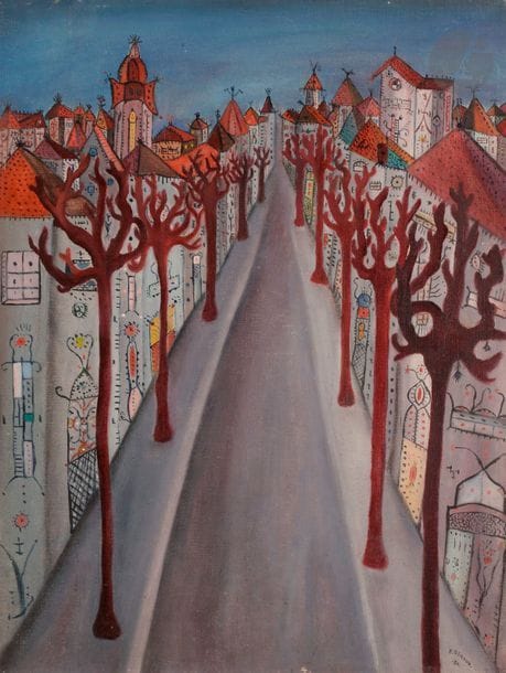 Pierre GIRAUD (1913-1988)
La Ville, 1950
Huile sur toile.
Signée et datée en bas à droite.
(Usures).
61 x 46 cm