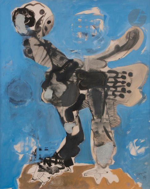 Paul REBEYROLLE (1926-2005)
Jeune chouette, 1959
Gouache et peinture sur fond lithographique.
Signée et datée en bas à droite.
60 x 49 cm

Provenance : 
Marlborough Gallery, Londres.