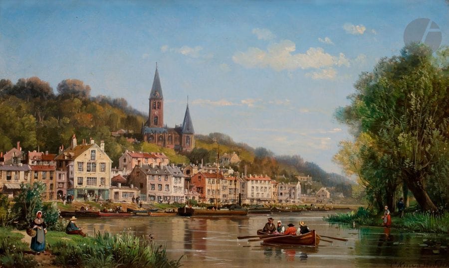 Charles-Euphrasie KUWASSEG (fils) (1833-1904)
Village et rivière animée
Huile sur toile.
Signée en bas à droite.
31 x 51 cm