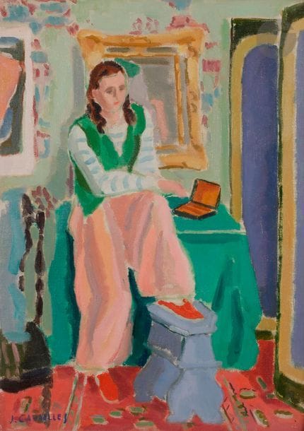 Jules CAVAILLèS (1901-1977)

Jeune fille au gilet vert, 1941

Huile sur toile.

Signée en bas à droite.

65 x 46 cm



Provenance : 

Collection R. Bank.



Bibliographie : 

Florent Fels, Jules Cavaillès, Les Maîtres de demain, Édition Sequana, Toulouse 1943.