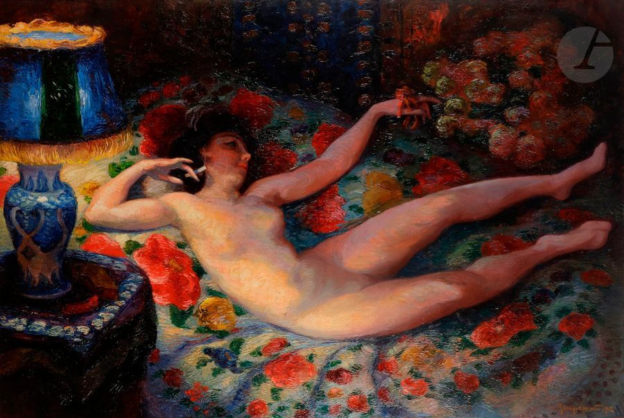 *Félix BRACQUEMONT (1833-1914)

Nu à la lampe bleue, 1912

Huile sur toile.

Signée et datée en bas à droite.

(Restaurations).

121 x 178,5 cm
