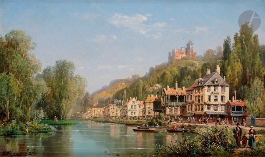 Charles-Euphrasie KUWASSEG (fils) (1833-1904)
Maisons au bord de la rivière
Huile sur toile.
Signée en bas à gauche.
31 x 51 cm