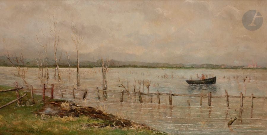 Maxime MAUFRA (1861-1918)

Inondations sur la Loire, 1882

Huile sur toile.

Signée et datée en bas à gauche.

(Restaurations).

70 x 135 cm