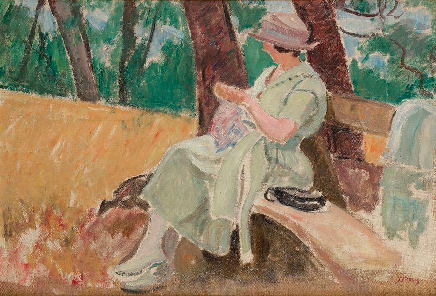 Jean PUY (1876-1960)

Femme cousant sur un banc, 1914

Huile sur toile.

Signée en bas à droite.

37 x 54 cm



Provenance : 

- Vente Maître Pillon, Calais, 9 décembre 1990. 

- Collection Madame T., Nice.



Bibliographie : 

Catalogue Raisonné de l'œuvre peint de Jean Puy (1876-1960), sous la direction de Suzanne Limouzi et Louis Fressonnet-Puy, Roanne, Les Amis de Jean Puy, 2001, n° 20633, reproduit p. 176.