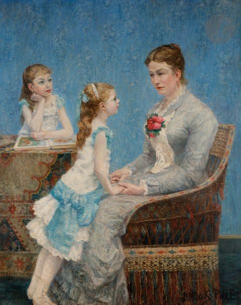*Albert DUBOIS-PILLET (1846-1890)

Madame Paul Bouchet et ses filles, 1884

Huile sur toile.

Signée en bas à droite.

152 x 123 cm



Exposition : 

De Renoir à Picasso, Musée du Petit Palais, Genève, 1981 (étiquette au dos).



Bibliographie : 

Patrick Offenstadt, Albert Dubois-Pillet, Catalogue Raisonné en ligne, 2018, n° 106, p.124. (www.galerieoffenstadt.fr).