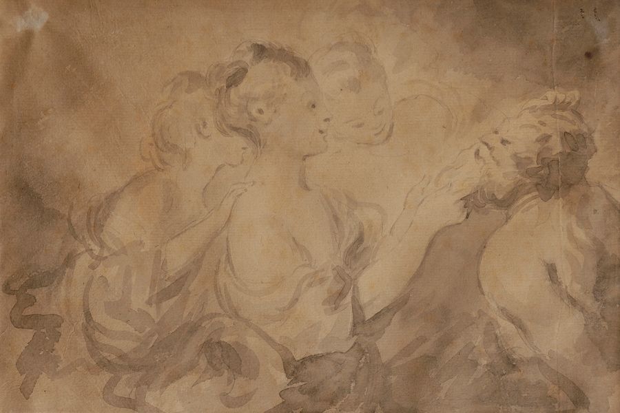 Dans le gout de J.H FRAGONARD (1732 - 1806)

Jeunes femmes tirant la barbe d'un faune

Lavis brun sur traits de crayon noir.

(Insolé, pliures, taches).

17,5 x 25,5 cm à vue