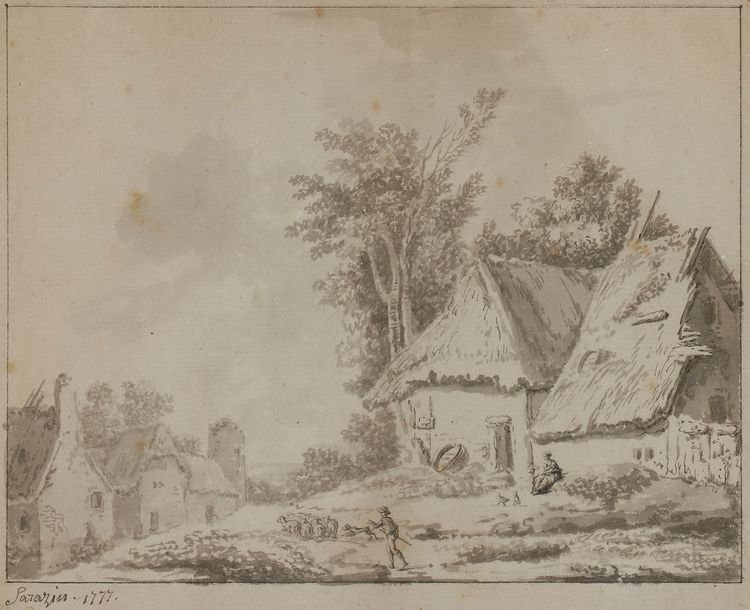 Jean-Philippe SARAZIN (c.1736 - c.1795)

Vue de village, 1777

Plume et encre grise, lavis gris.

Signée et datée en bas à gauche.

(Rousseurs).

18 x 23 cm