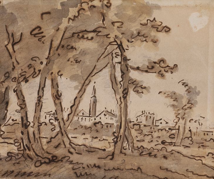 ÉCOLE ITALIENNE vers 1800

Paysage au clocher

Plume et encre brune sur traits de crayon noir et lavis brun et gris.

(Insolé).

20,5 x 24 cm