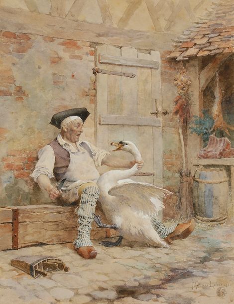 Maurice LELOIR (1853 - 1940)

Les Derniers moments de l'oie, 1880

Aquarelle gouachée.

Signée et datée en bas à droite.

26 x 20 cm