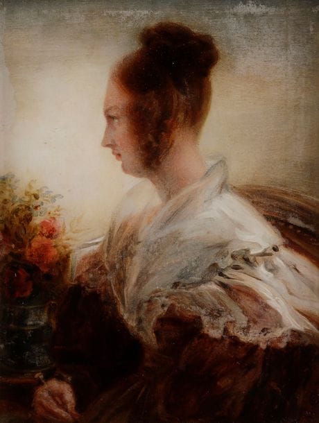 Marie d'ORLEANS 

(Palerme, 1813 - Pise, 1839)

Portrait de dame 

Fixé sous verre.

Signé à droite : Marie.

Au revers du cadre : " Etude d'après nature (...) à son ami Biesta 1838 ".

Dans son cadre d'origine.

15,5 x 12,5 cm

 Princesse mécène et artiste romantique, Marie d'Orléans est la fille cadette de Louis-Philippe et de Marie-Amélie de Bourbon-Sicile. Élève d'Ary Scheffer qui lui enseigne le dessin à partir de 1822, puis la sculpture en 1834, elle constitue également une collection de meubles et d'objets de la fin du Moyen Age jusqu'au XVIIe siècle. Elle meurt à vingt-cinq ans, à Pise, atteinte de phtisie, peu après la naissance de son fils, Philippe de Wurtemberg.