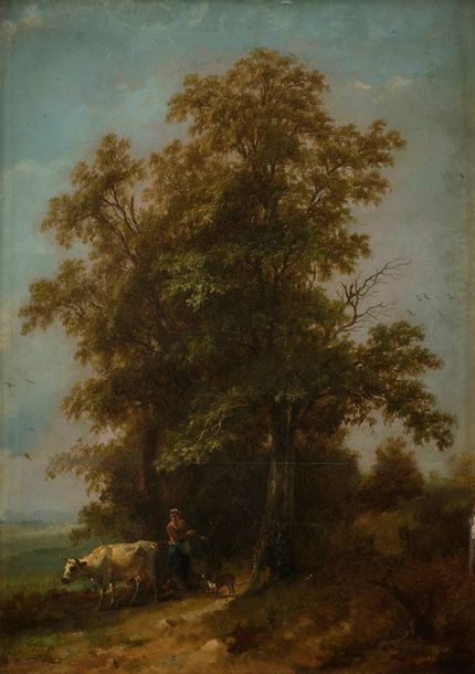 César de COCK (Gand, 1823 - 1904)

Paysanne, sa vache et son chien sur le chemin boisé

Panneau.

Signé en bas à droite : CdeCock.

40,5 x 30 cm