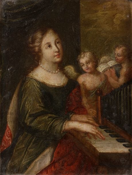 École BOLONAISE vers 1800 

suiveur du DOMINIQUIN

Sainte Cécile 

Cuivre.

23 x 18 cm