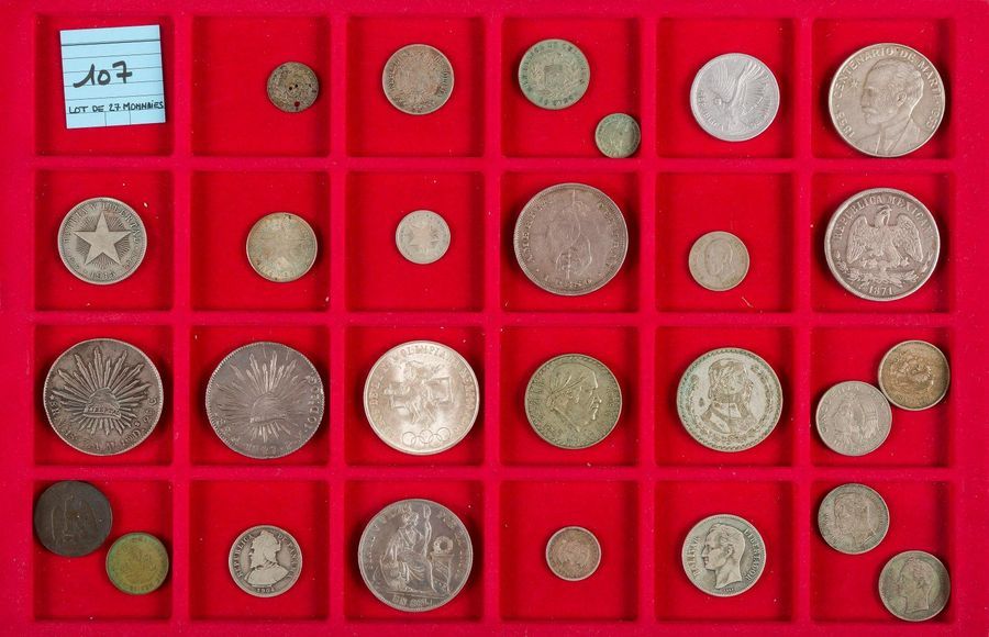 LOT de 27 monnaies des XIXe et XXe dont 7 écus en argent et 20 divisionnaires dont 14 ex. en argent :
ARGENTINE (1 ex.), BOLIVIE (1 ex.), CHILI (3 ex.), CUBA (4 ex. dont 1 écu), EL SALVADOR (1 écu), 
HAITI (1 ex.), MEXIQUE (10 ex. dont 4 écus), PANAMA (1 ex.), PEROU (1 écu), URUGUAY (1 ex.) 
et VENEZUELA (3 ex.).

Etats variés.