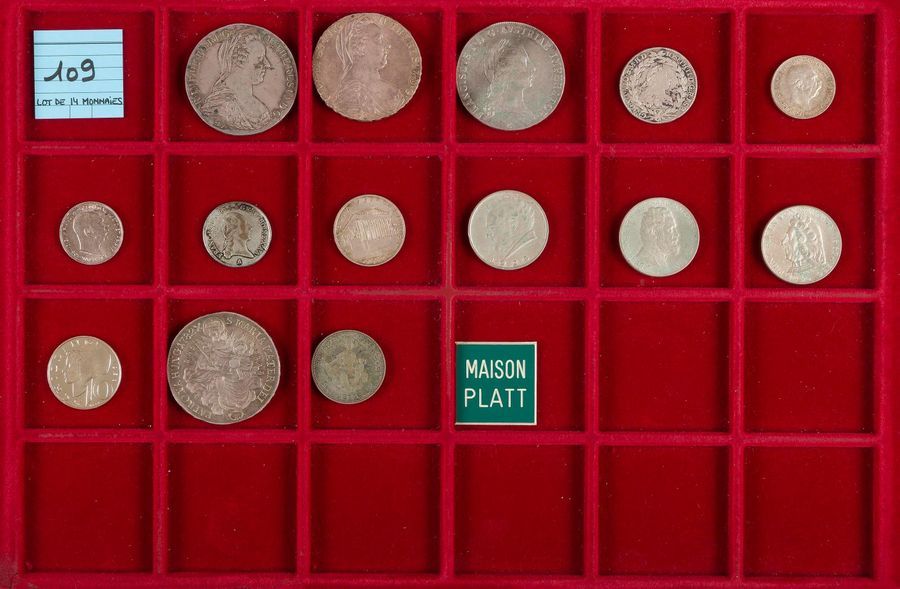 AUTRICHE ET HONGRIE 
LOT de 14 monnaies (13 ex. en argent dont 4 écus).
EMPIRE D'AUTRICHE (7 monnaies) : 2 thalers de Marie-Thérèse (refrappes datées 1780), 
thaler de François I, 1824C (KM.2162, TB), 4 divisionnaires (dont 3 ex. en argent). 
REPUBLIQUE D'AUTRICHE (1918-1938) : 4 divisionnaires en argent.
REPUBLIQUE D'AUTRICHE depuis 1945 : 1 divisionnaire en argent.
ROYAUME DE HONGRIE (2 monnaies) : thaler à la Madone hongroise de Joseph II, 1782 (KM.395.1, TB+)
et divisionnaire de la Régence de Hongrie.
La plupart TB et TTB