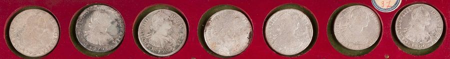 CHARLES IV (1788-1808).
Bolivie.
LOT de 10 pièces de 8 réaux, datées de 1790 à 1808.
Potosi.
KM.64 et 73
B à TB