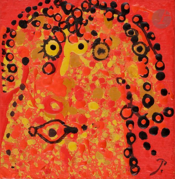 Mario PRASSINOS (1916-1985)
La Belle américaine, 1958
Latex sur panneau.
Monogrammée en bas à droite.
Signée, datée, titrée et dédicacée sur le montage.
10 x 10 cm (Peinture)
18 x 18 cm (Montage d’origine)