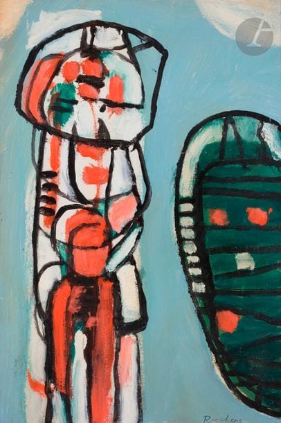 Anton ROOSKENS [néerlandais] (1906-1976)
Masques africains, vers 1950
Huile sur papier.
Signée en bas à droite
48 x 31,5 cm

Provenance : 
Galerie Francès - Kamien, Bruxelles.