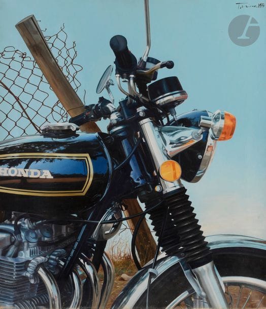 Michele TARICCO [italien] (né en 1927)
La Moto Honda, 1977
Acrylique sur toile.
Signée et datée en haut à droite.
(Usures dans les angles).
70 x 60 cm