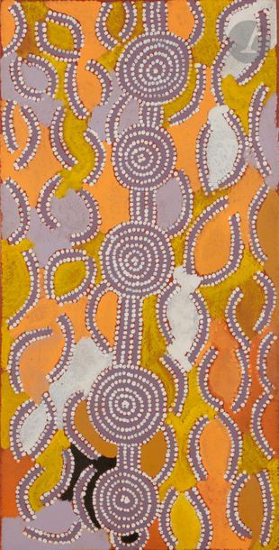 Dinny Nolan TJAMPITJINPA (né en 1922)
Rêve de la banana du bush à Wanapi, 2003
Acrylique sur toile.
Signée, datée et titrée au dos.
91 x 46 cm

Provenance : 
- Centre artistique Art center Papunya Tula Artists, Papunya, Northern Territory (Cat. n° DN03020238).
- Vente Cornette de Saint-Cyr, Drouot-Montaigne, 9 mai 2011, n° 102.