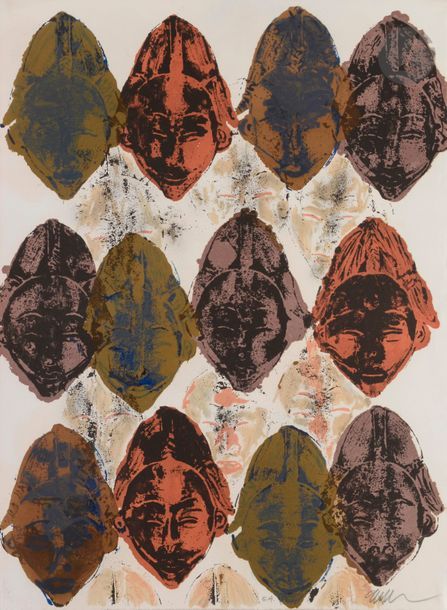 ARMAN (Armand FERNANDEZ, dit) (1928-2005)
Masques Pounous (pl. pour Tita Reut, « Les Unités plénières », Paris, Atelier d’art Desjobert, 1998)
Lithographie en couleurs.
Épreuve sur vélin, justifiée « E.A. » et signée au crayon. Tirage définitif à 99 épreuves.
Petits restes d’adhésif dans les angles au verso.
76 x 55,6 cm