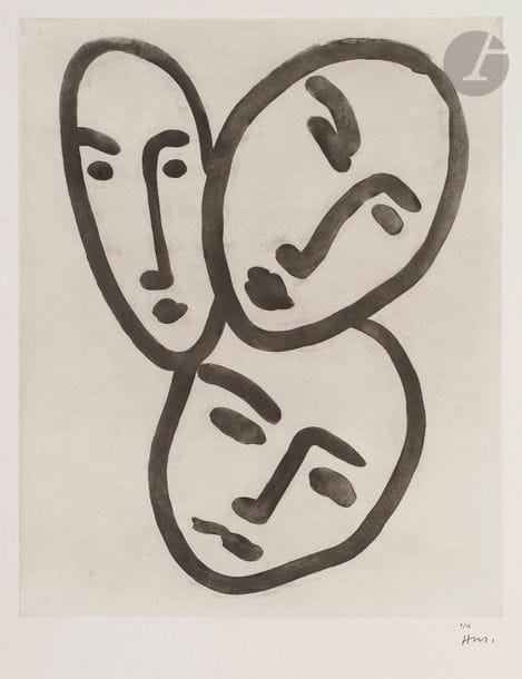 Henri MATISSE (1869-1954)
Trois têtes ; À l’amitié (Masques d’Apollinaire, Matisse et Rouveyre), 1951-1952
Aquatinte.
Épreuve sur vélin filigrané « bfk rives », l’une des 15 numérotées au composteur et revêtues du cachet du monogramme de l’artiste. Infimes rousseurs claires en pied. Toutes marges. Tirage total à 23 épreuves.
65 x 50 cm

Bibliographie : 
Duthuit-Garnaud 826.

Sujet non retenu pour parution dans le livre d’André Rouveyre, Apollinaire, Paris, éd. Raisons d’Être, 1952.